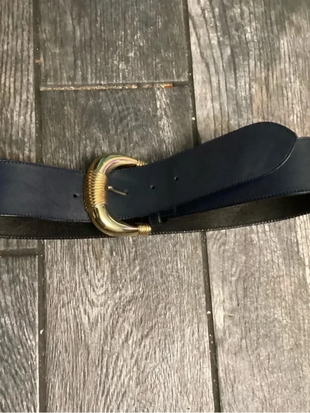 Men's Navy Leather Belt with Gold Buckle